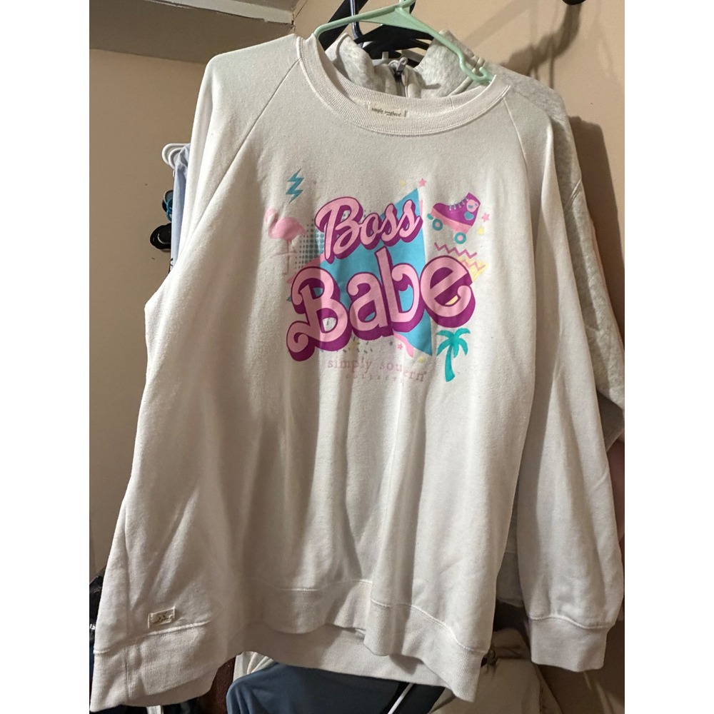 Simply Southern Boss Babe Sweatshirt XXL White Retro 80s Graphic Pullover Raglan - Picture 2 of 6